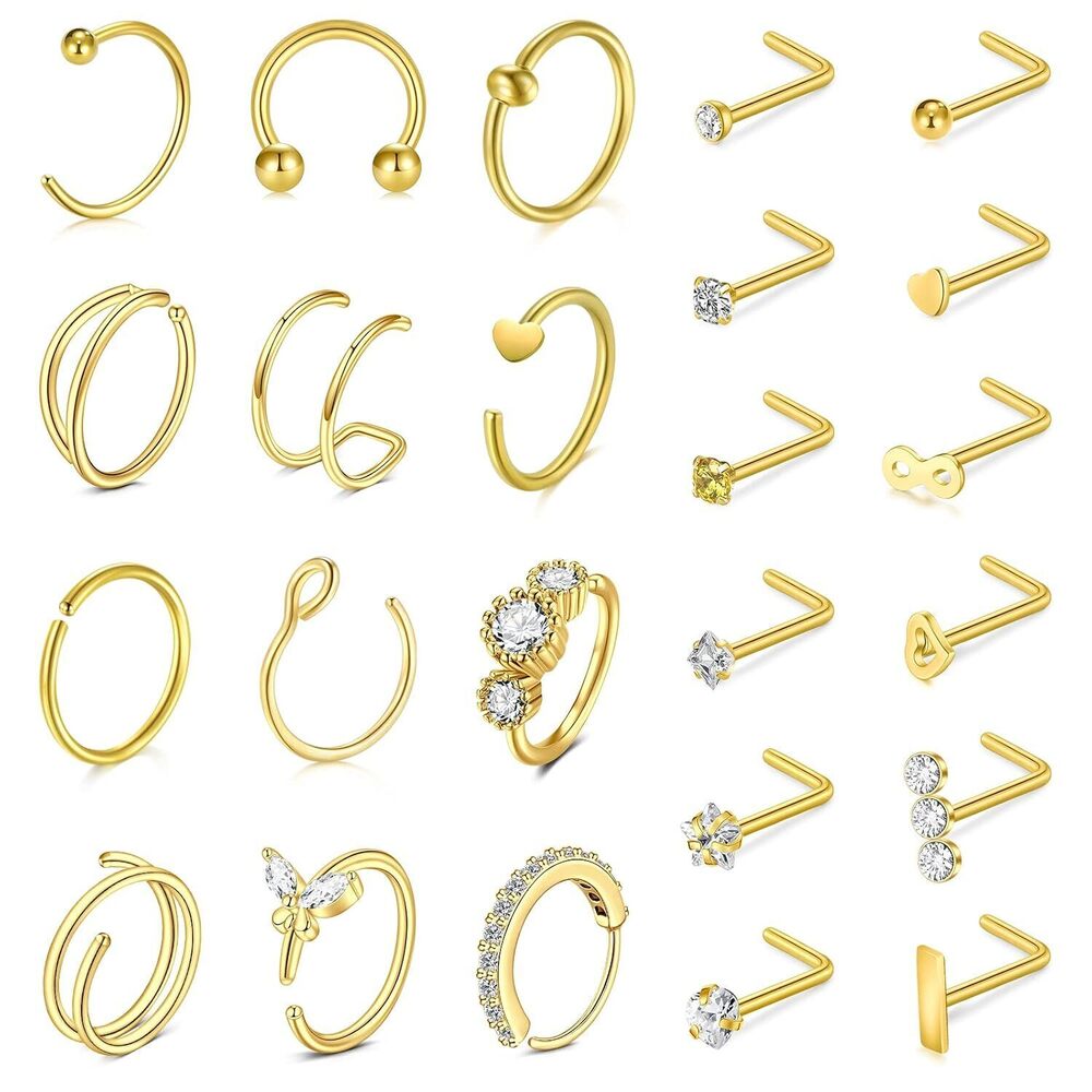 20G Gold Nose Rings Nose Studs Hoop Nose Rings Stainless Steel L Shape